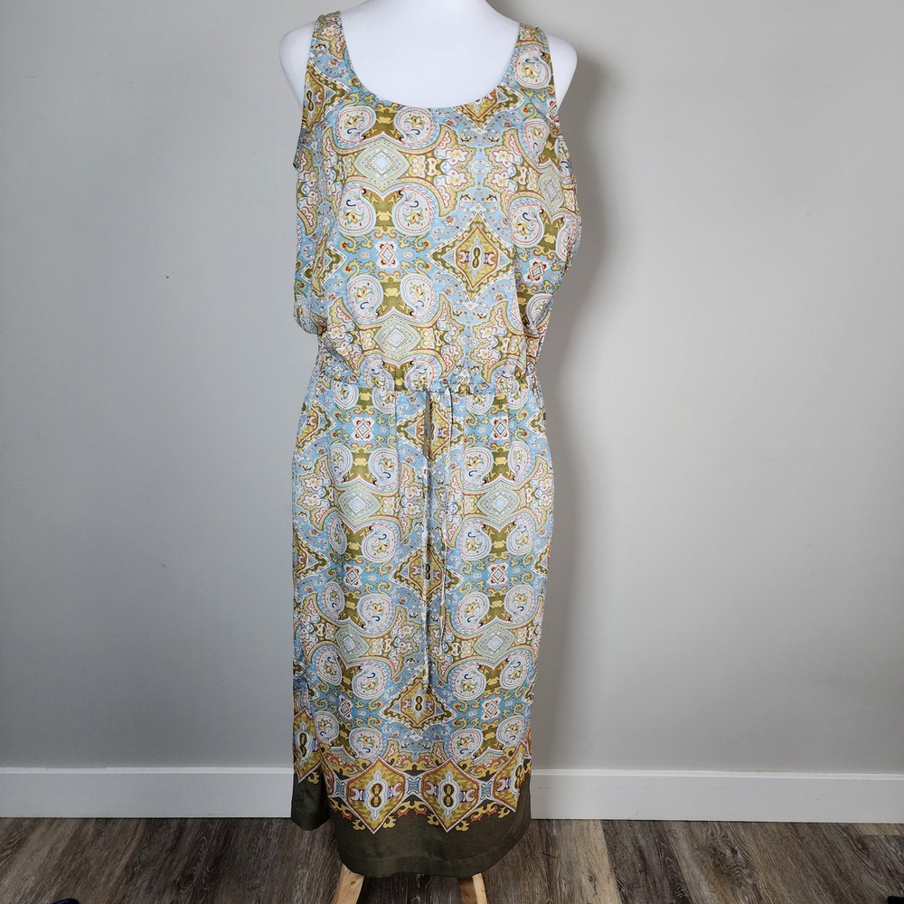 Joe Fresh Midi Dress Womens XS Blue‎ Paisley Drawstring Sleeveless Boho Casual